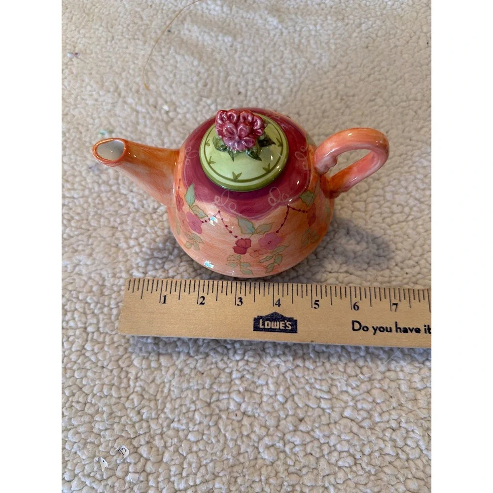 Tracy Porter Hand Painted Mini Teapot Floral Rose Bud‎ Lid Whimsical Ceramic